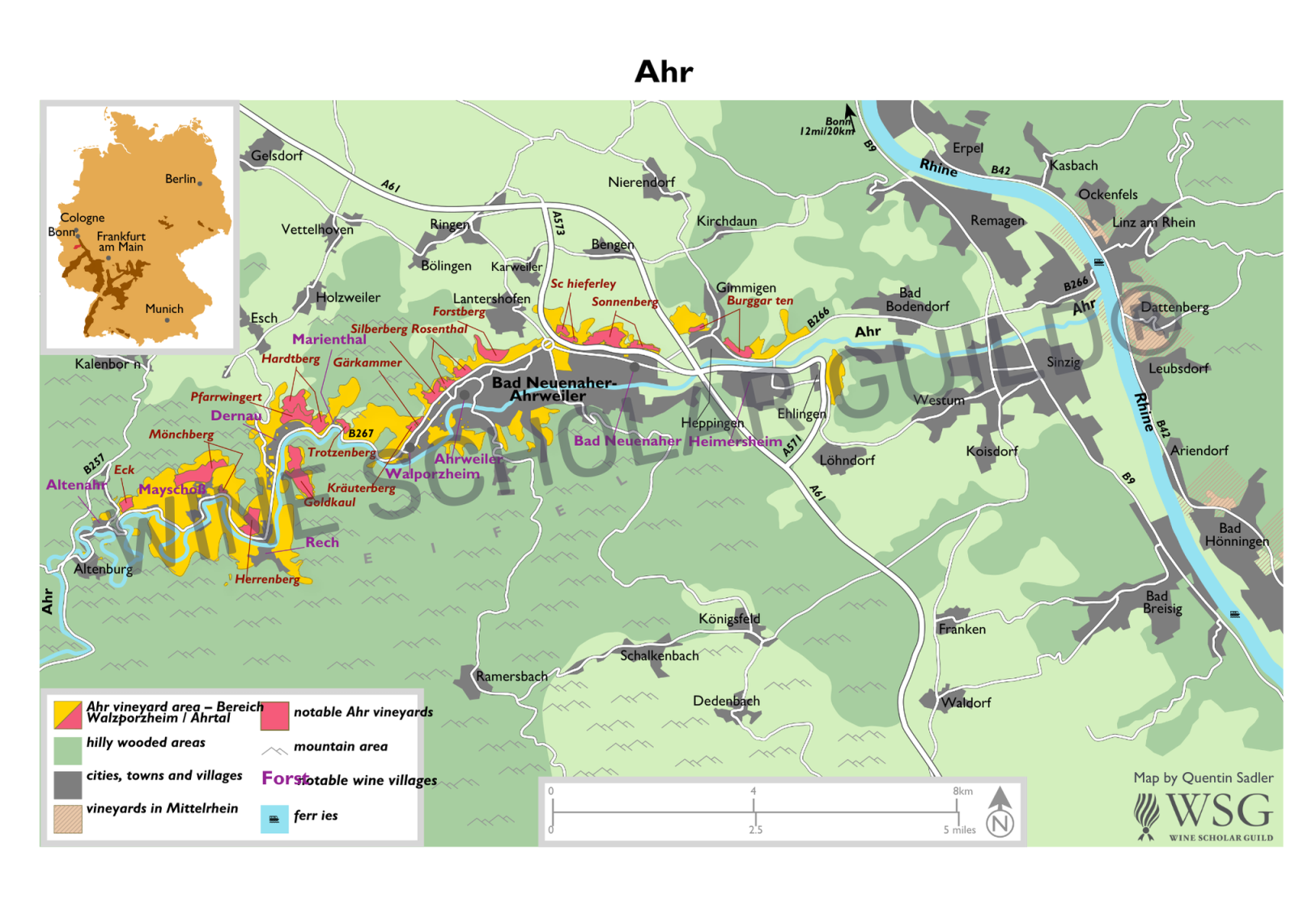 Map of Ahr showing vineyard zones and river valley