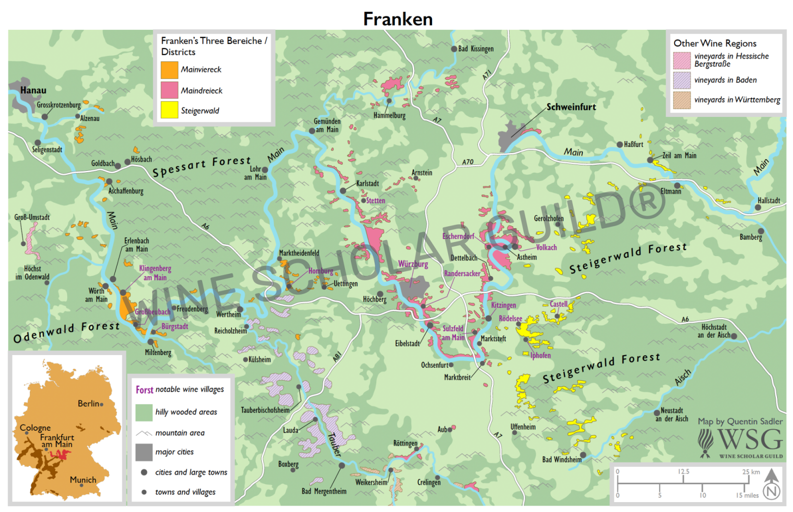 Map of Franken showing wine regions and Main River