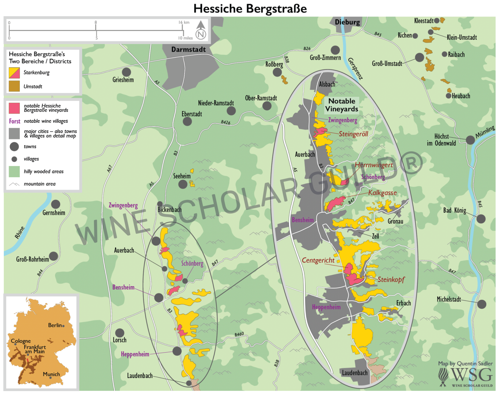 Map of Hessische Bergstraße showing vineyards