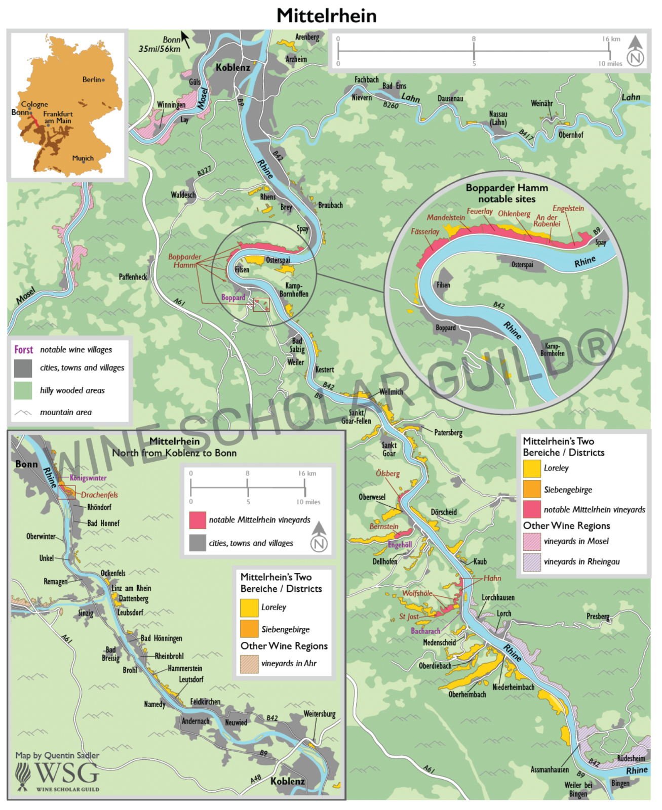 Map of Mittelrhein showing vineyard slopes.