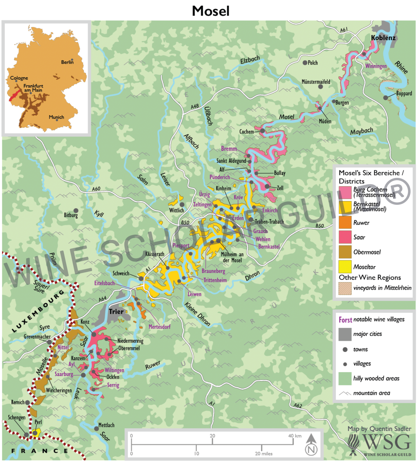 Map of Mosel showing vineyard slopes and river