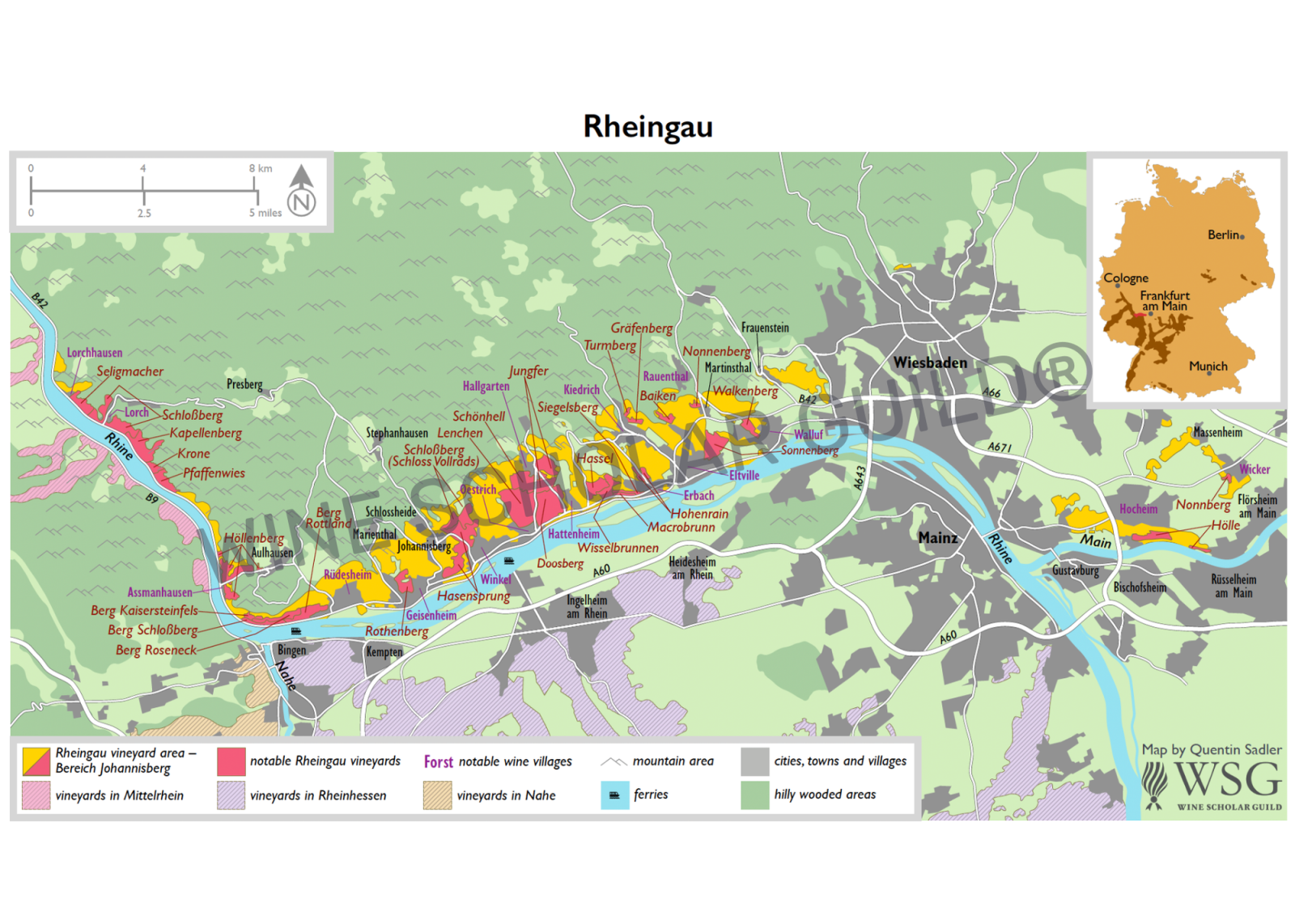 Map of Rheingau showing Rhine and vineyards